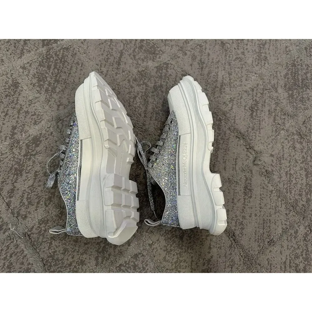Alexander McQueen Tread Slick Lace Up Holo Silver Glitter Sneakers EU 38 - Picture 8 of 11